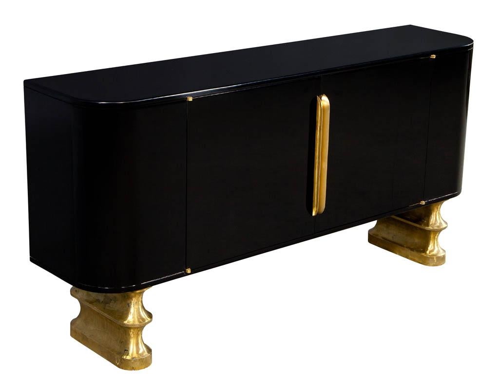 Contemporary Modern Black Lacquer Brass Accented Credenza Buffet Sideboard