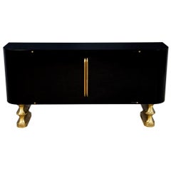 Modern Black Lacquer Brass Accented Credenza Buffet Sideboard