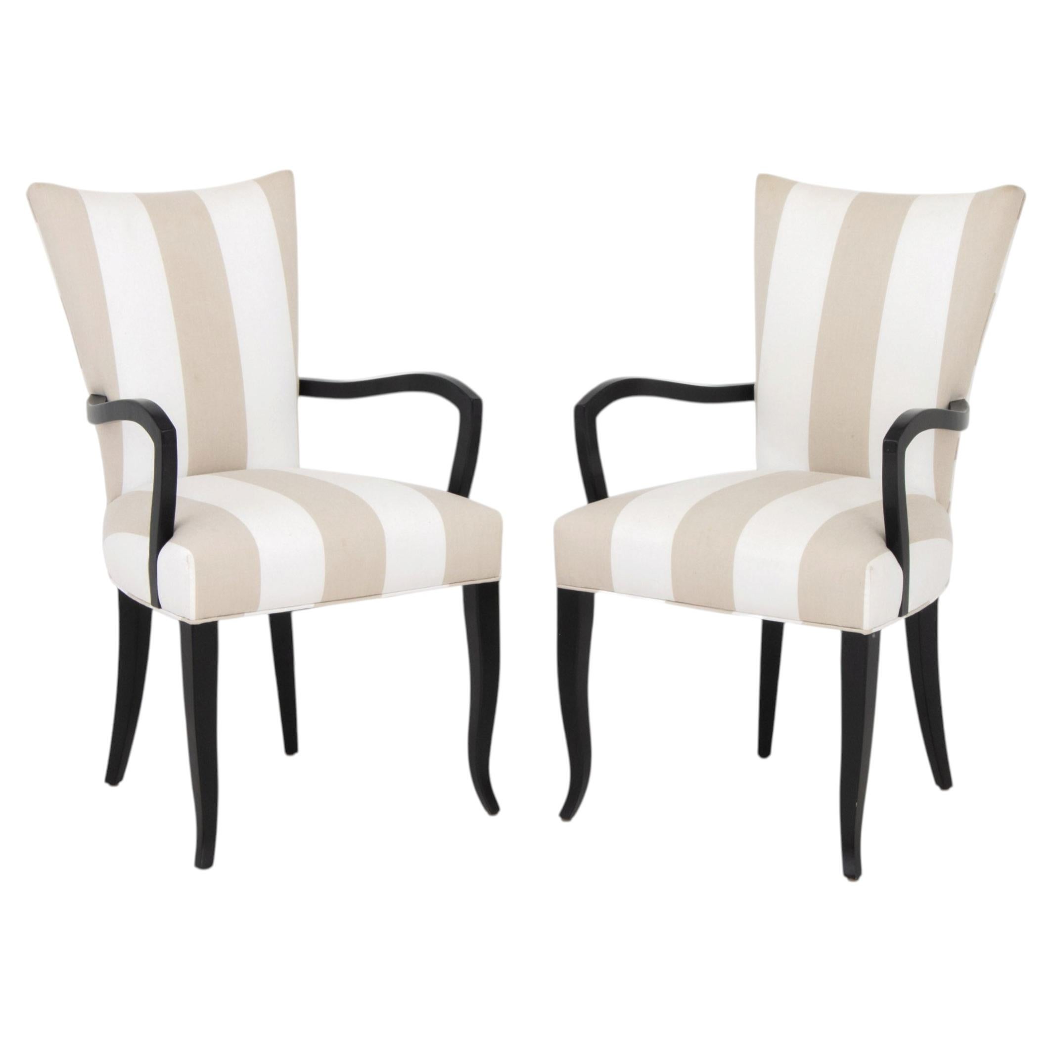 Pair of Modern Black Lacquered Upholstered Arm Chairs