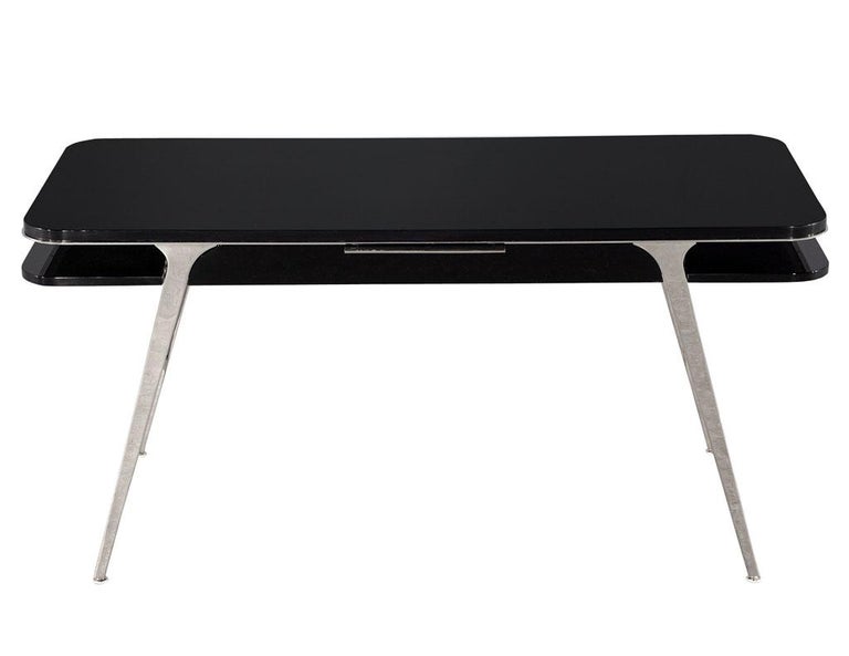 Modern Black Lacquered Desk with Polished Stainless Steel For Sale at