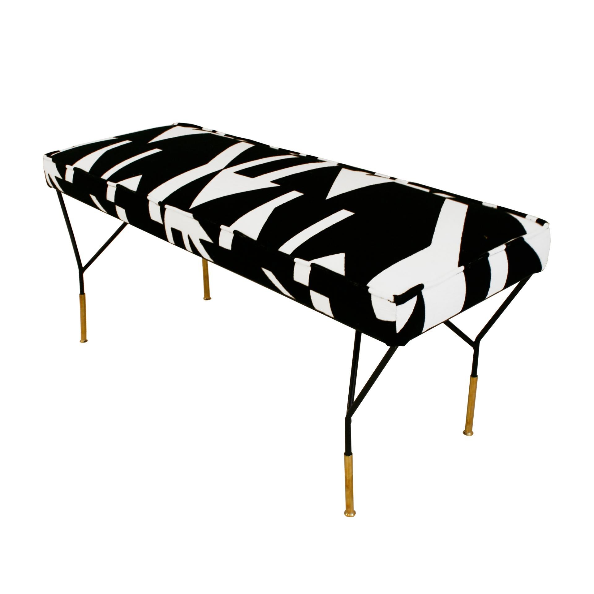 Footstool with black lacquered iron structure and legs ending in brass sleeves. Upholstered in Pierre Frey Patterned cotton fabric. Italy, 1970s.

Every item LA Studio offers is checked by our team of 10 craftsmen in our in-house workshop. Special