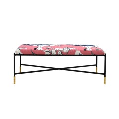 Modern Black and Pink Lacquered Iron and Patterned Cotton 1970s Italian Stool