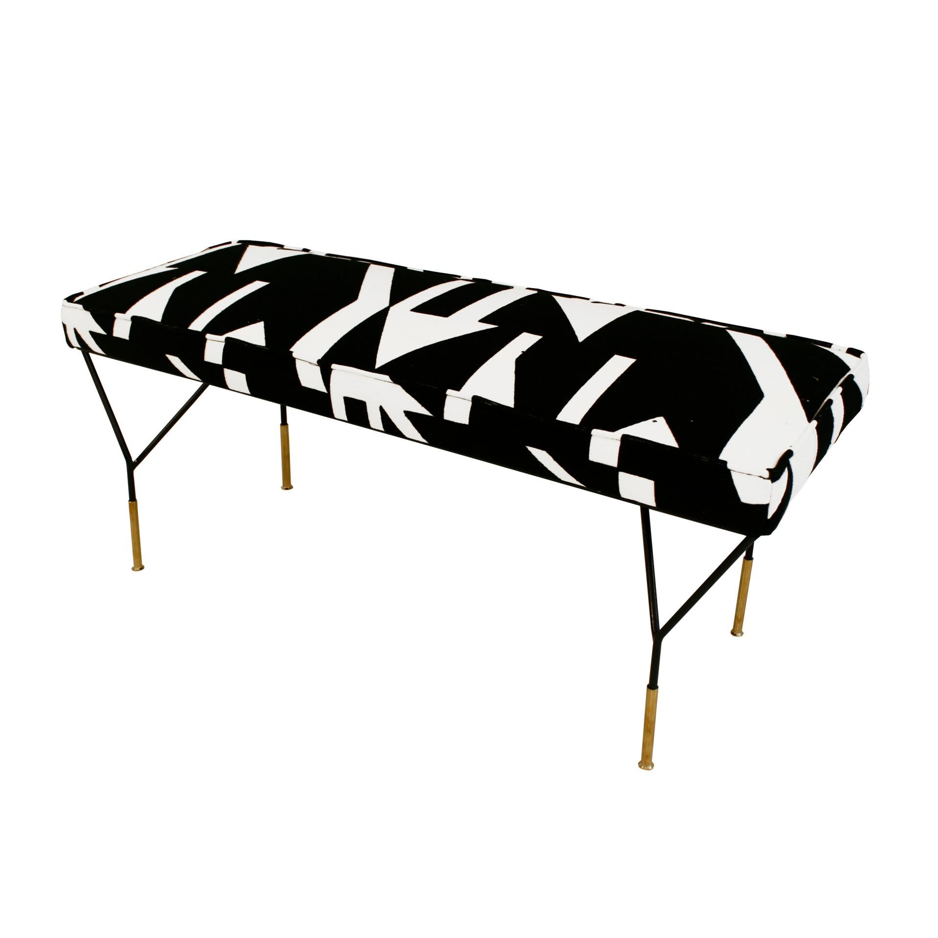 Mid-Century Modern Modern Black Lacquered Iron and Patterned Cotton 1970s Italian Stool For Sale