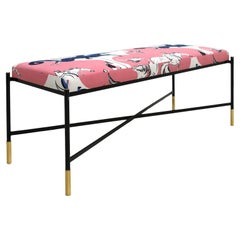 Modern Black and Pink Lacquered Iron and Patterned Cotton 1970s Italian Stool