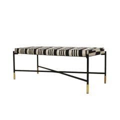 1970s Modern Black and White Lacquered Iron and Patterned Fabric Italian Stool