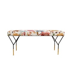 Modern Black Lacquered Iron and Patterned Fabric, 1970s Italian Stool