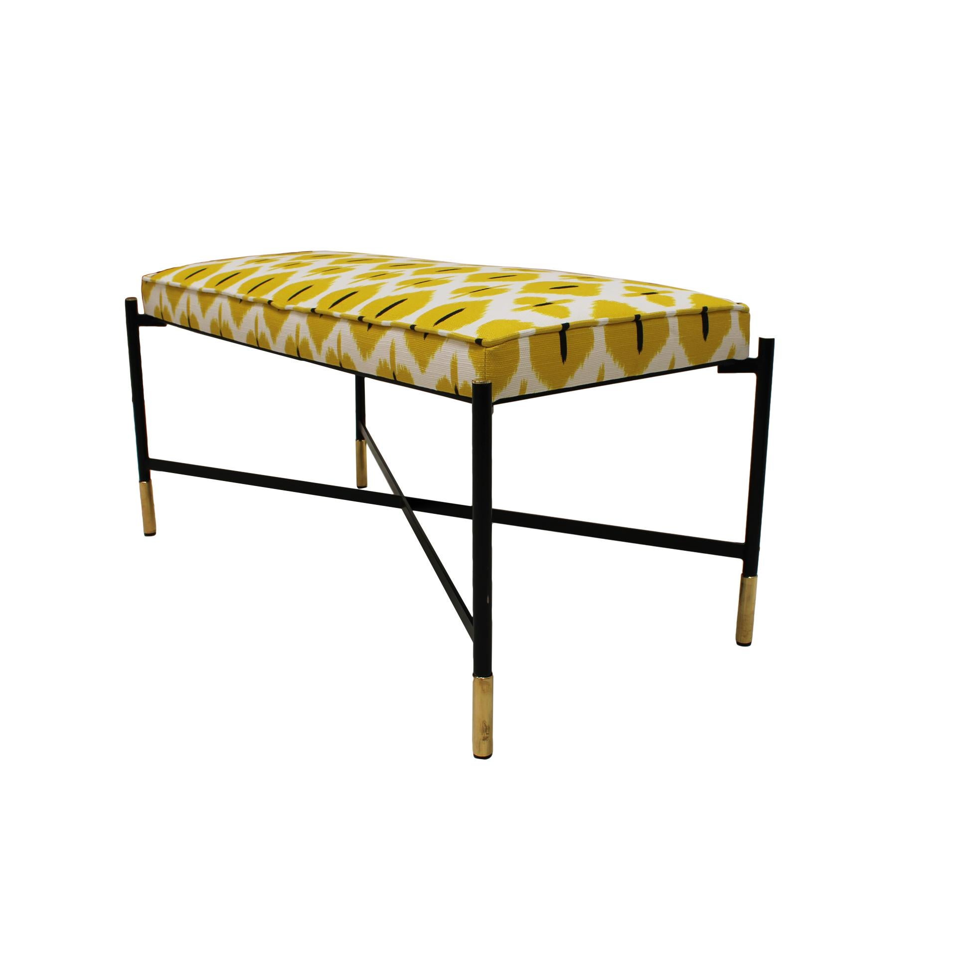Mid-Century Modern Modern Black Lacquered Iron and Patterned Fabric, 1970s Italian Stool For Sale