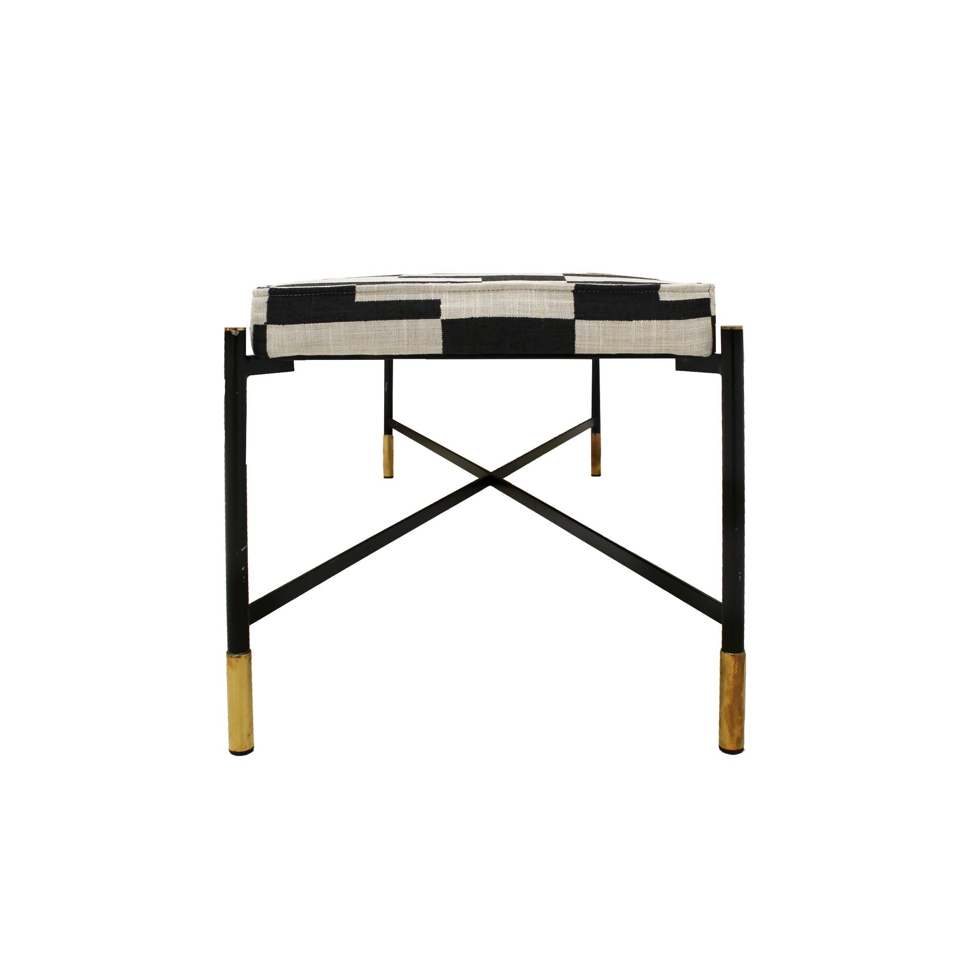 Mid-Century Modern Modern Black Lacquered Iron and Patterned Fabric, 1970s Italian Stool For Sale