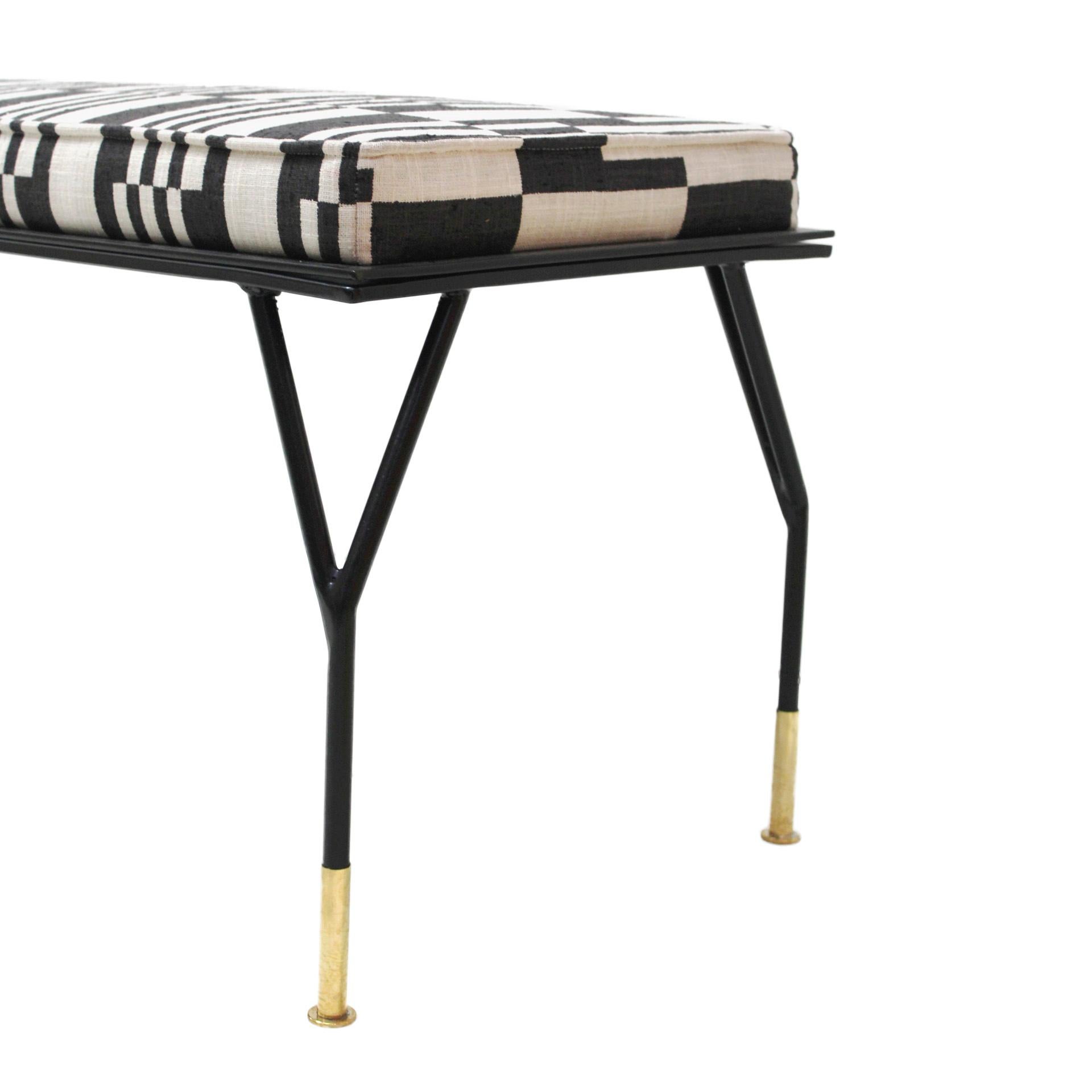 Metal Modern Black Lacquered Iron and Patterned Fabric, 1970s Italian Stool For Sale