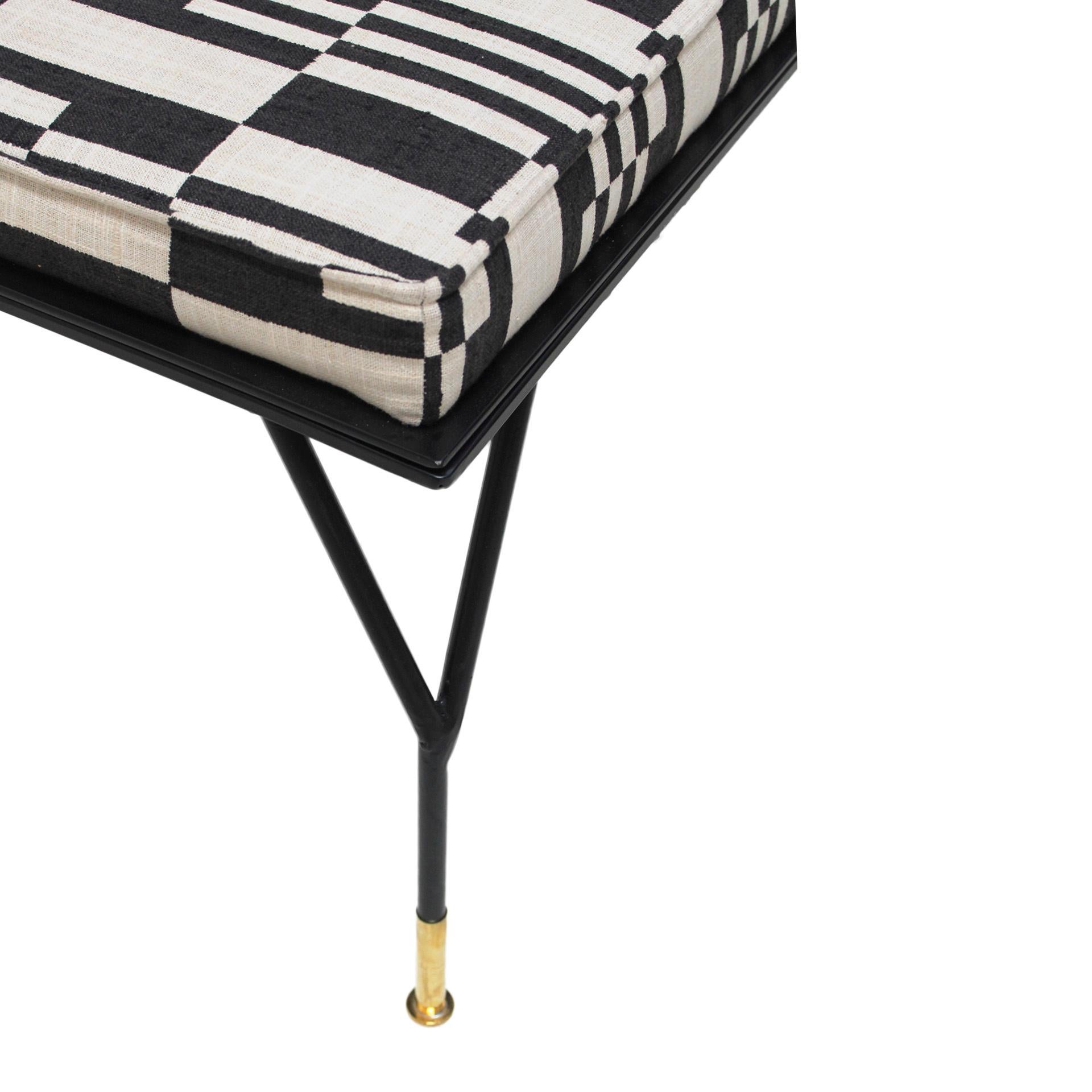 Modern Black Lacquered Iron and Patterned Fabric, 1970s Italian Stool For Sale 1
