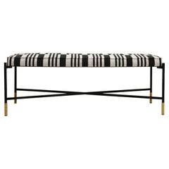 Modern Black Lacquered Iron and Patterned Fabric, 1970s Italian Stool