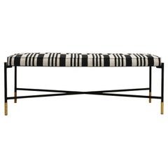 1970s Modern Black and White Lacquered Iron and Patterned Fabric Italian Stool