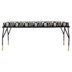 Modern Black Lacquered Iron and Patterned Fabric, 1970s Italian Stool
