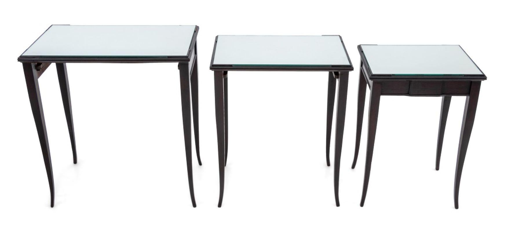 Set of Three Modern Black Lacquered Mirrored Top Nesting Tables, each on four cabriole legs. 26