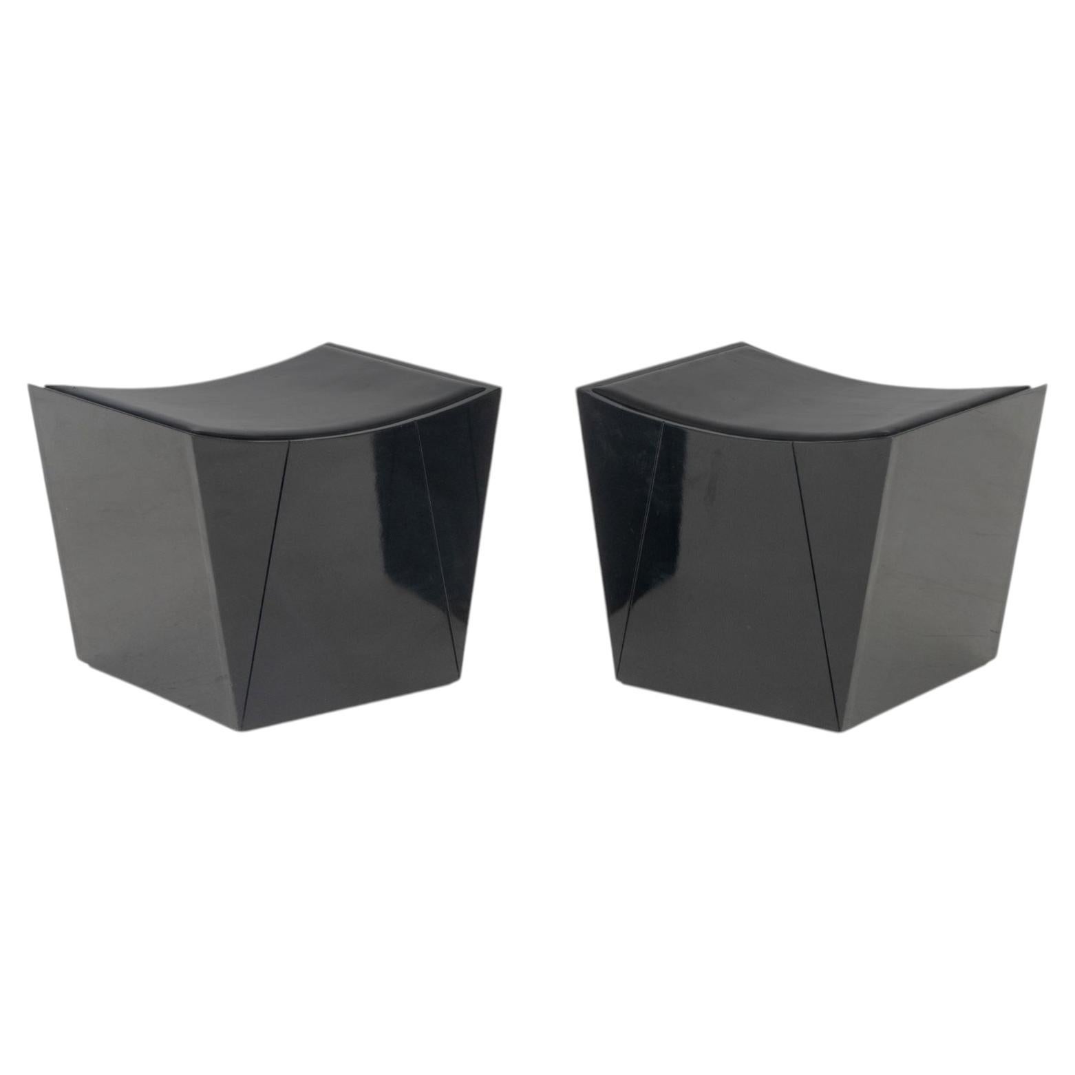 Pair of Modern Black Lacquered Ottomans, with Black Leather Inset Top For Sale