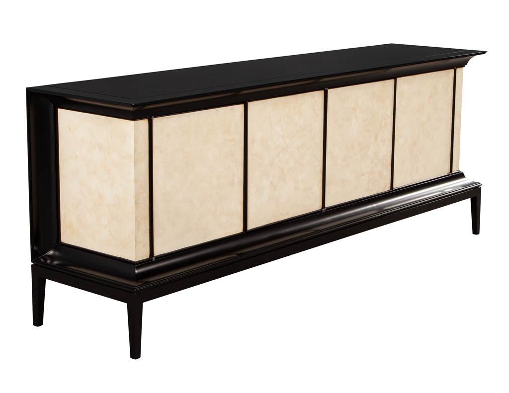 American Modern Black Lacquered Sideboard Credenza with Faux Parchment Fronts For Sale