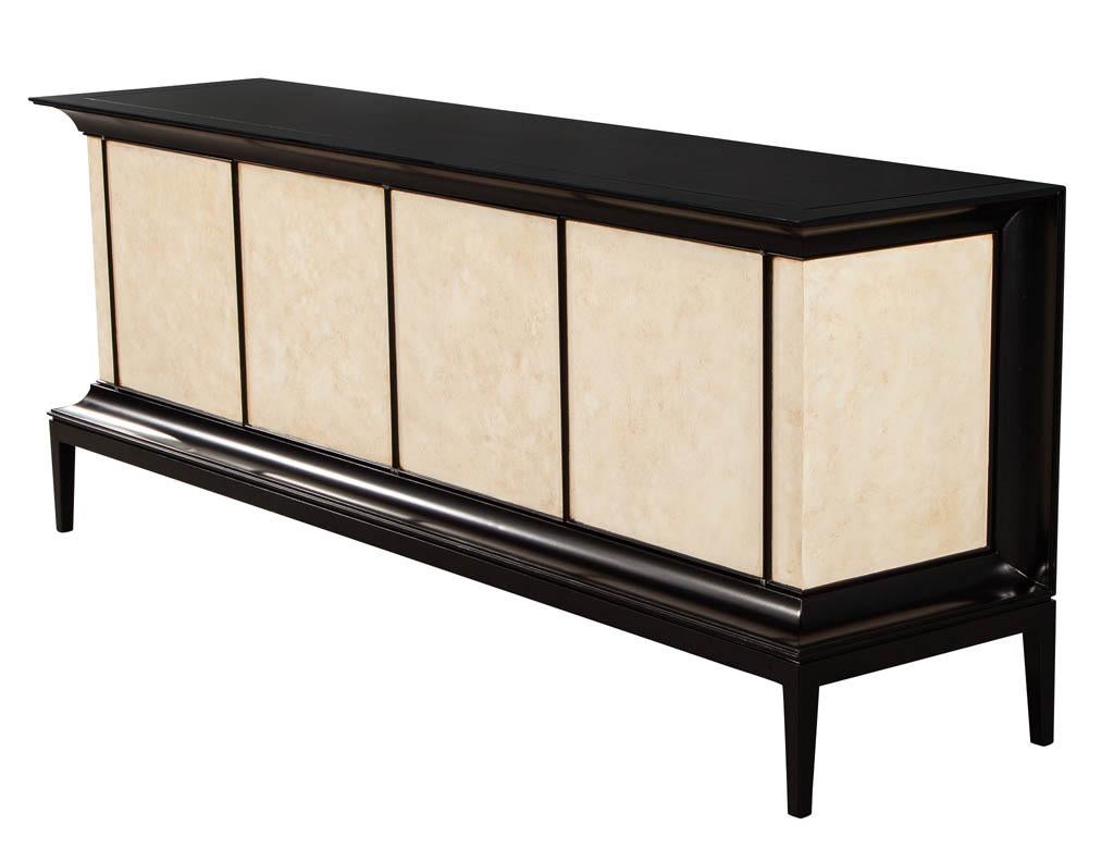 Contemporary Modern Black Lacquered Sideboard Credenza with Faux Parchment Fronts For Sale