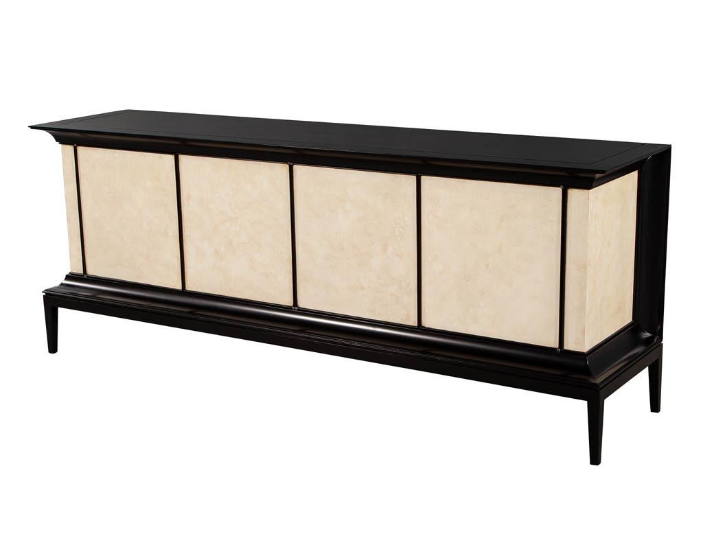 Wood Modern Black Lacquered Sideboard Credenza with Faux Parchment Fronts For Sale