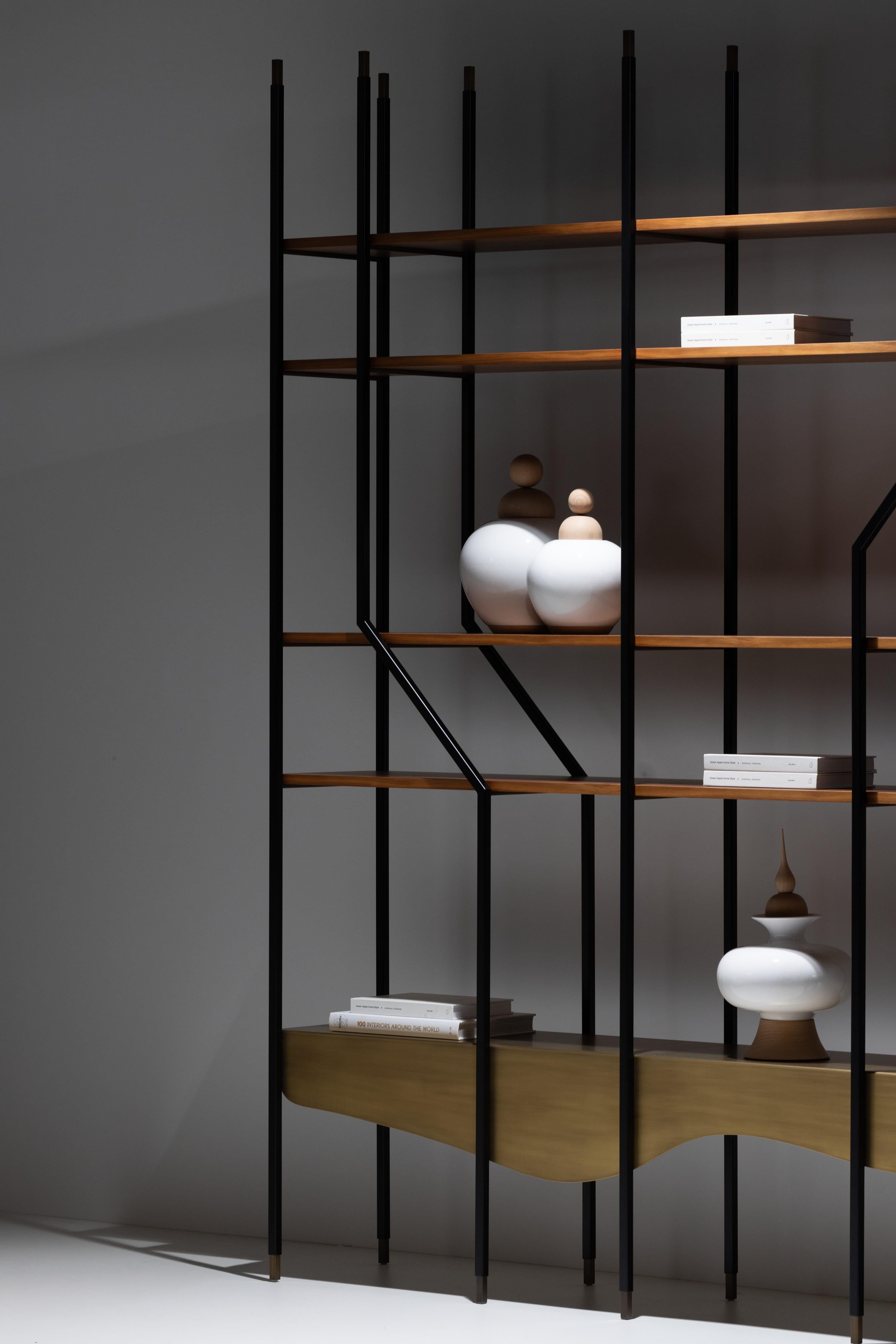 Modern Black Lage Bookcase, Brass Walnut, Handmade in Portugal by Greenapple For Sale 12