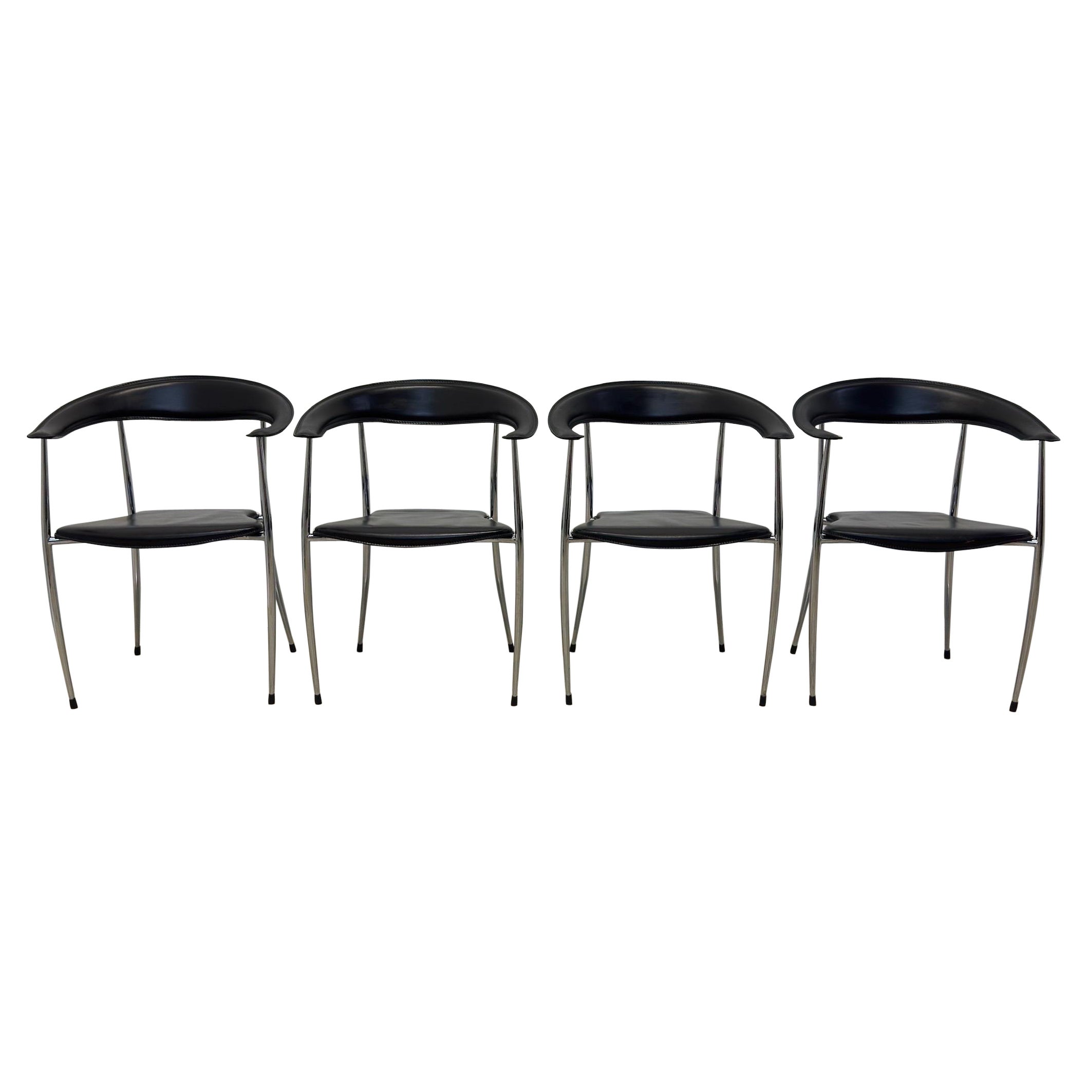 Modern Black Leather and Chome Dining Chairs for Arper, Italy - Set of Four For Sale