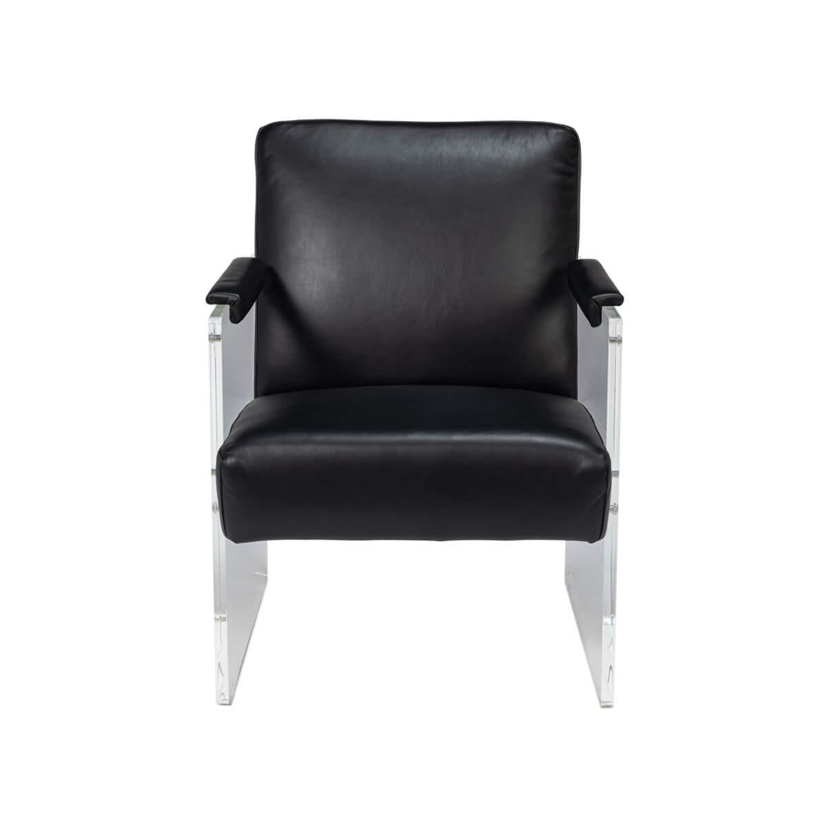 A bold fusion of avant-garde style and classic comfort. This chair features a sleek, onyx black leather seat and backrest that provide a luxurious sitting experience, contrasted with clear acrylic side panels that give the illusion of floating in