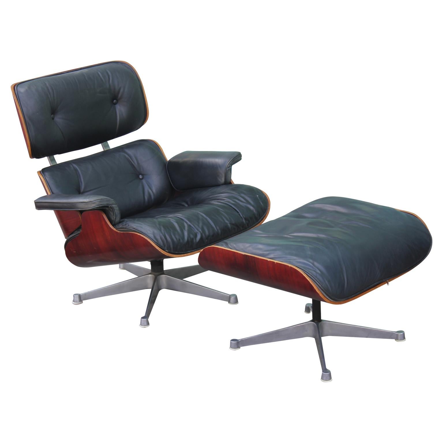 Modern Black Leather and Rosewood Vitra Eames Lounge Chair and Ottoman