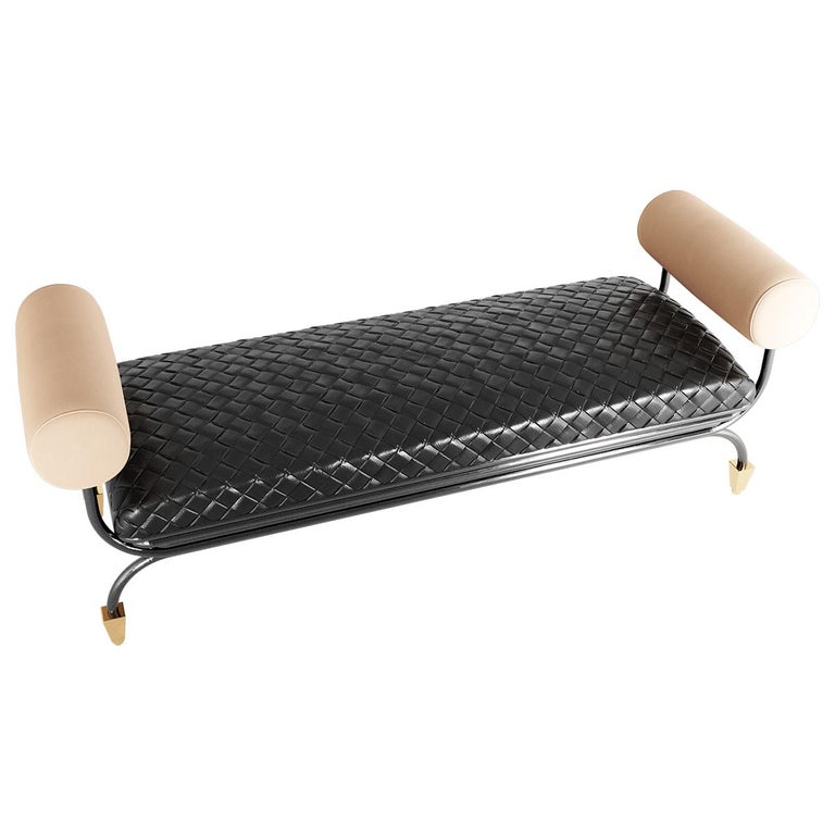 Portuguese Modern Black Braided Leather Bench W/ Suede Arms & Polished Brass Legs For Sale