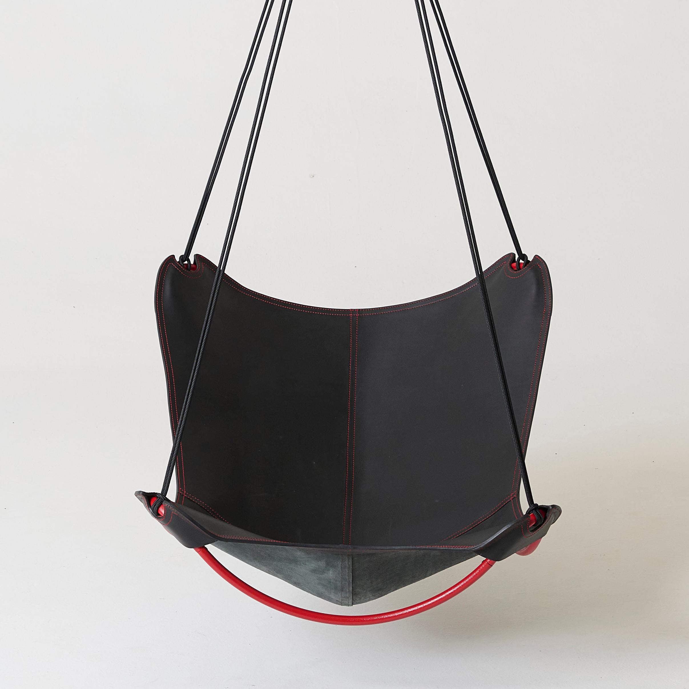 Welded Modern Black Leather ButterFLY Hanging Swing Chair with Red Detail For Sale