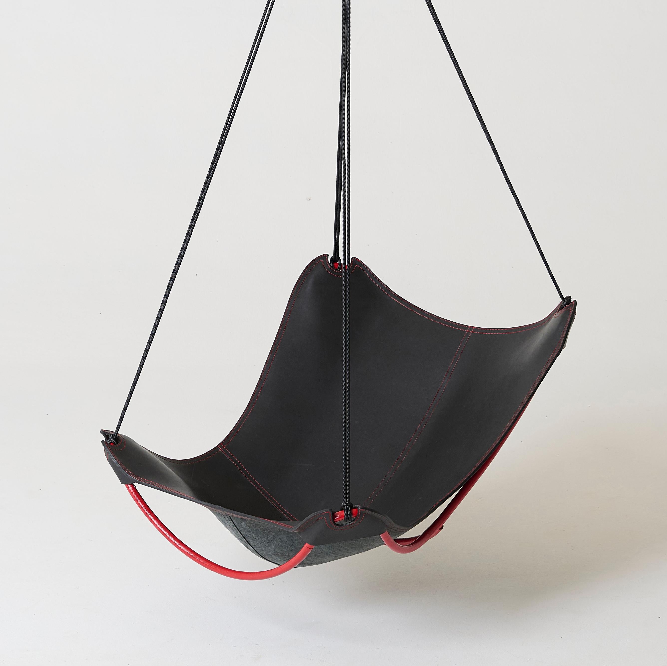 Contemporary Modern Black Leather ButterFLY Hanging Swing Chair with Red Detail For Sale