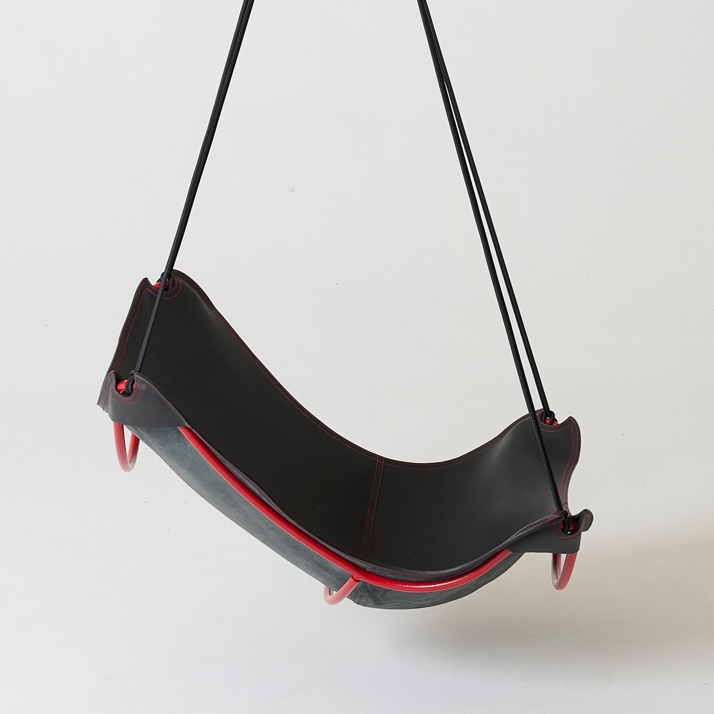 Contemporary Modern Black Leather ButterFLY Hanging Swing Chair with Red Detail For Sale