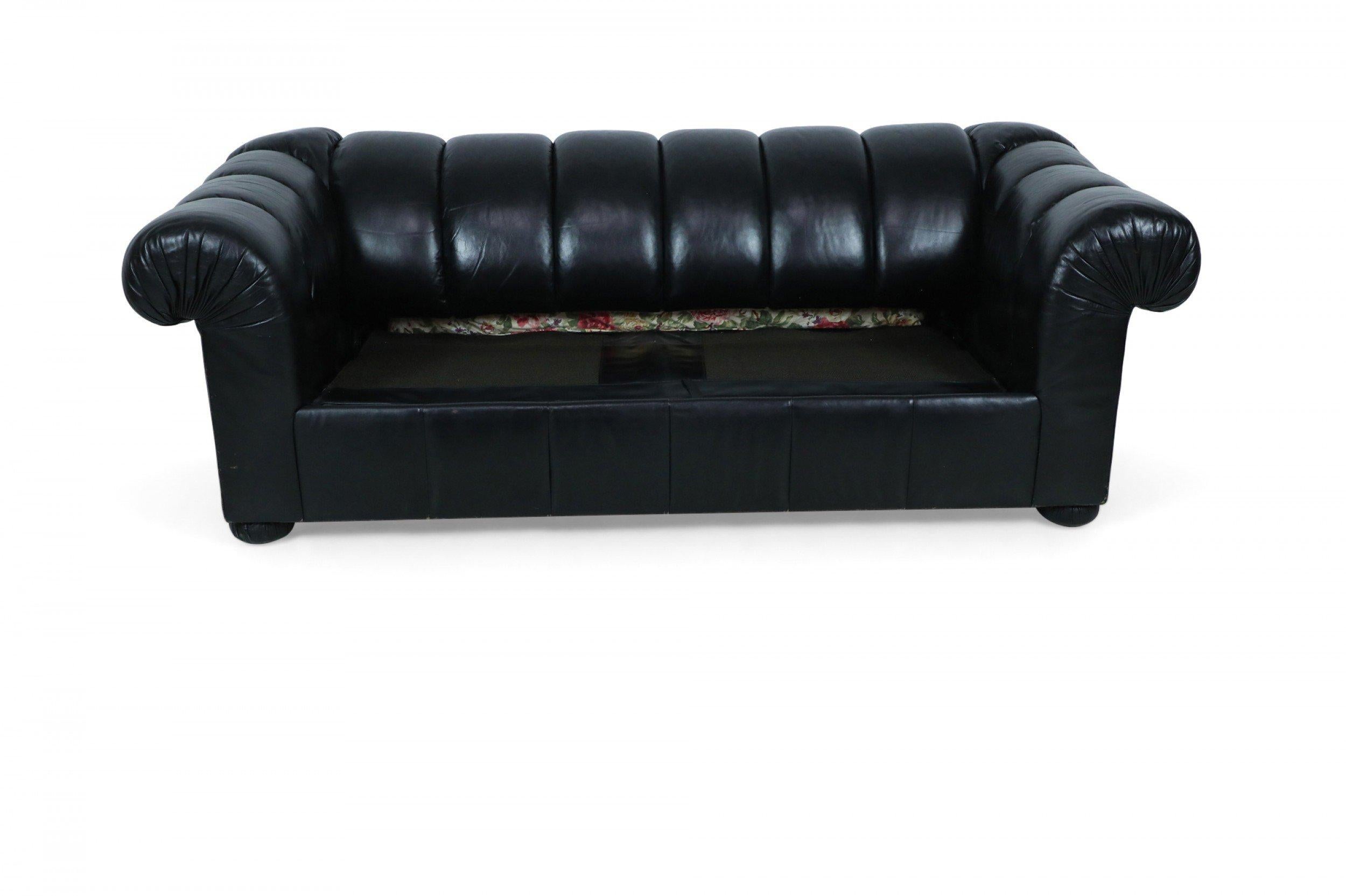 Modern Black Leather Channeled Sofa with Pull Out Bed For Sale 1