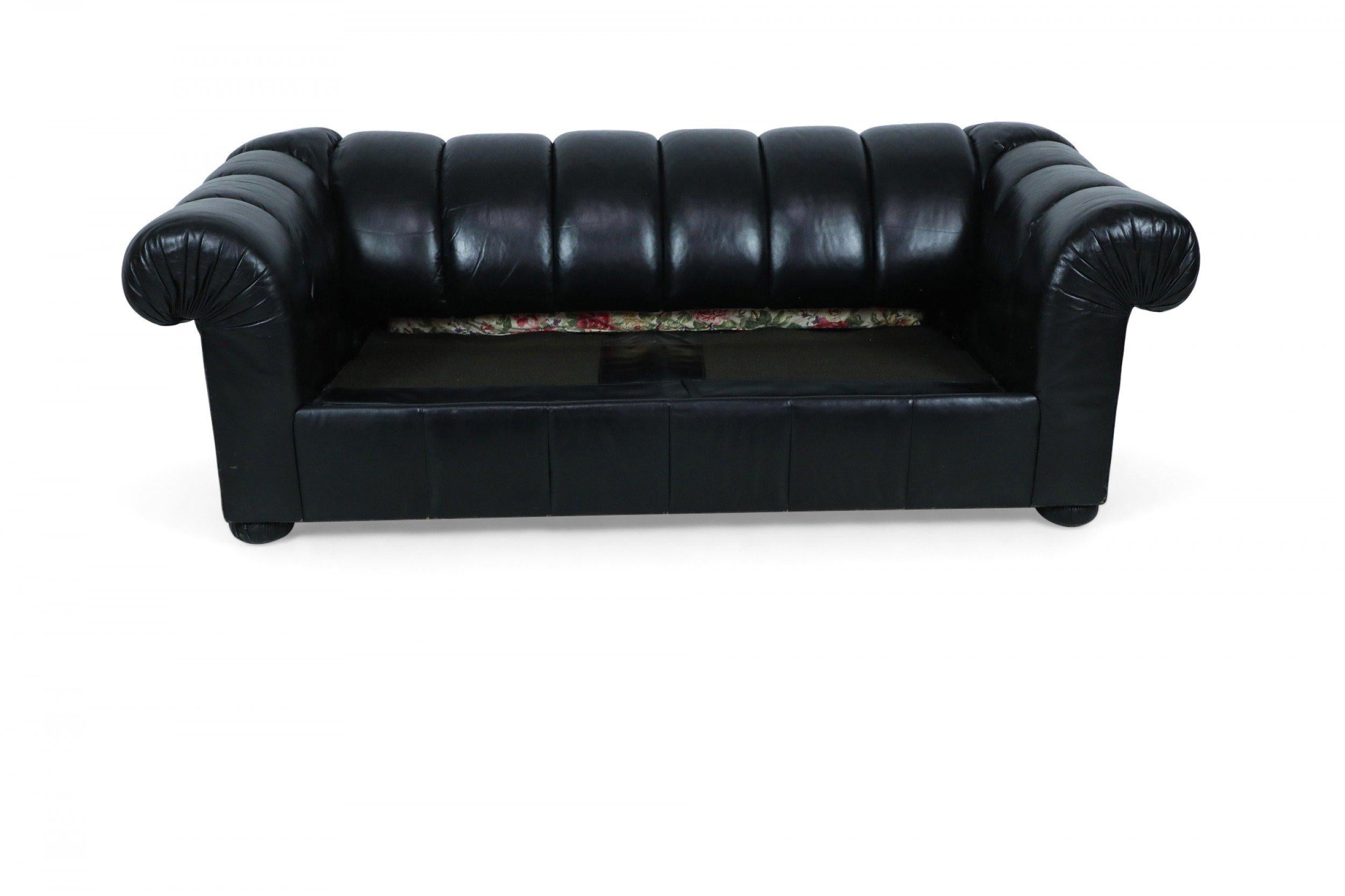 Modern Black Leather Channeled Sofa with Pull Out Bed For Sale 2
