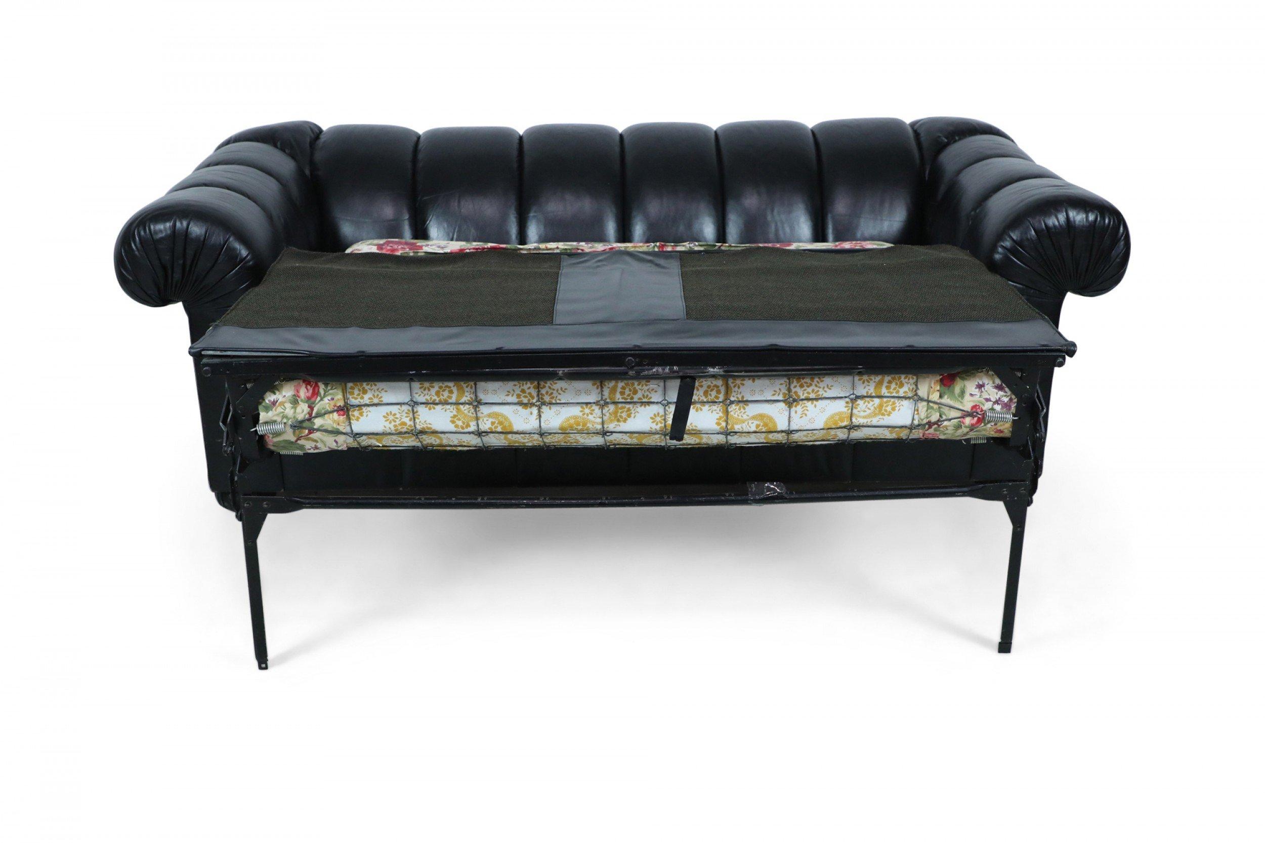 Modern Black Leather Channeled Sofa with Pull Out Bed For Sale 2