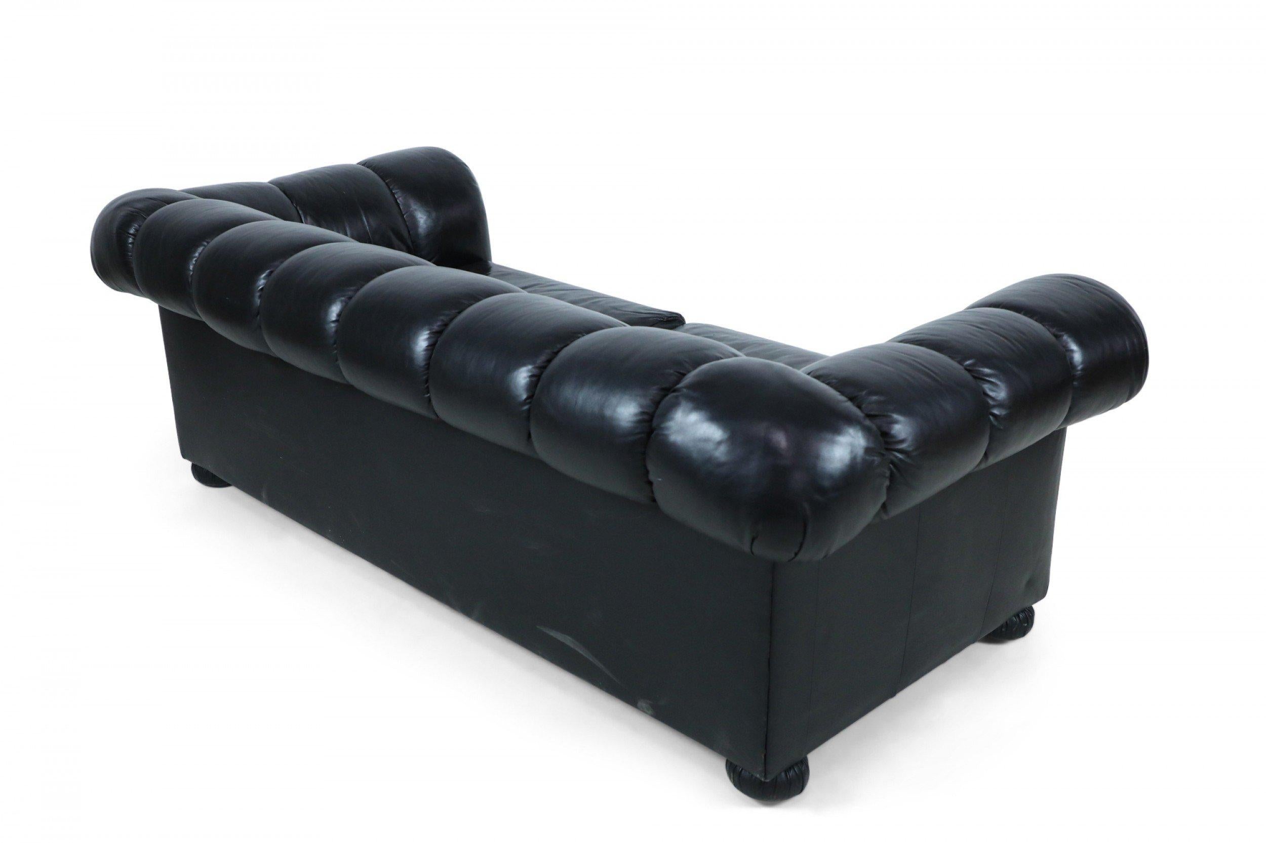 French Modern Black Leather Channeled Sofa with Pull Out Bed For Sale
