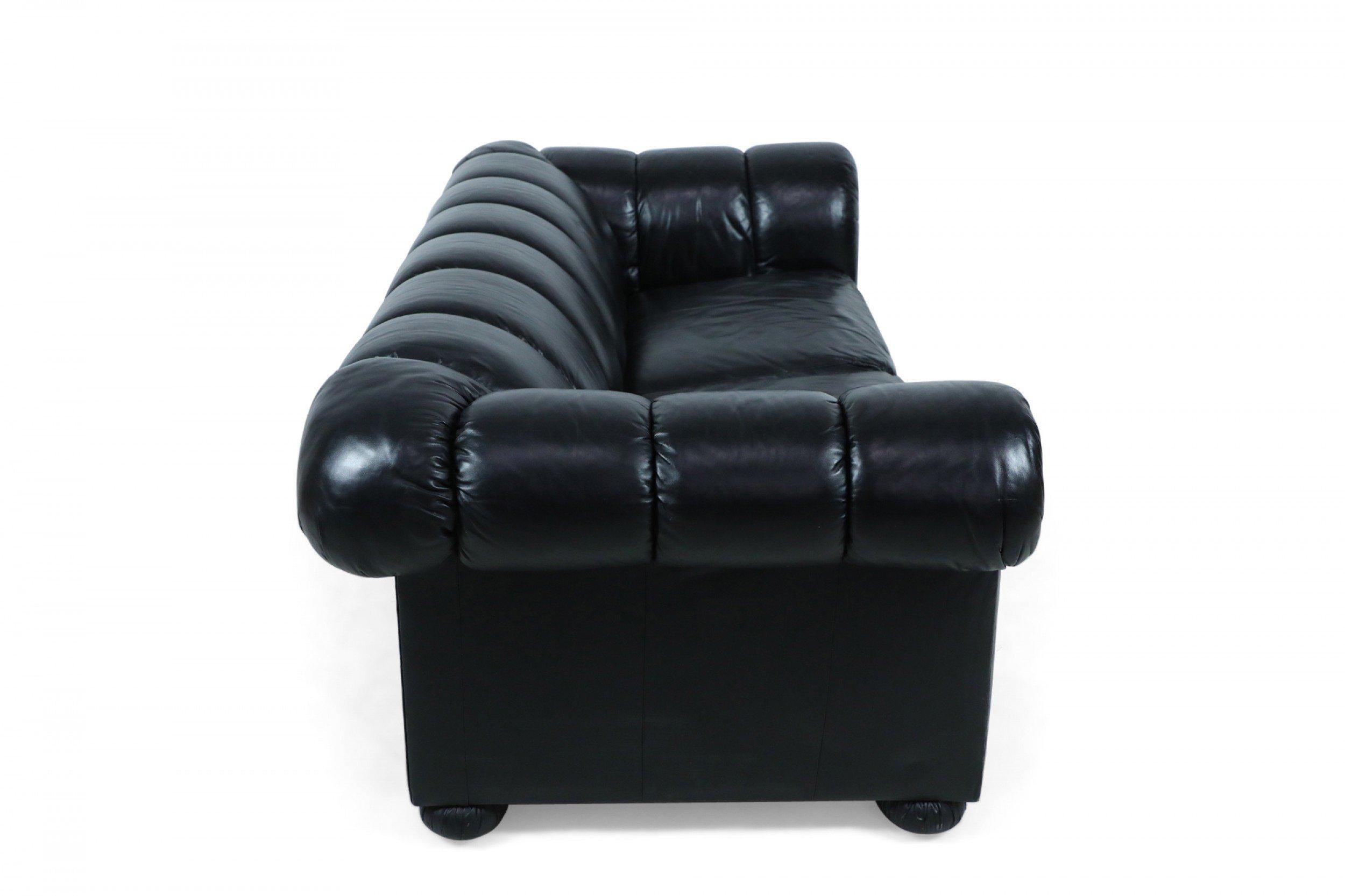 Modern Black Leather Channeled Sofa with Pull Out Bed In Good Condition For Sale In New York, NY
