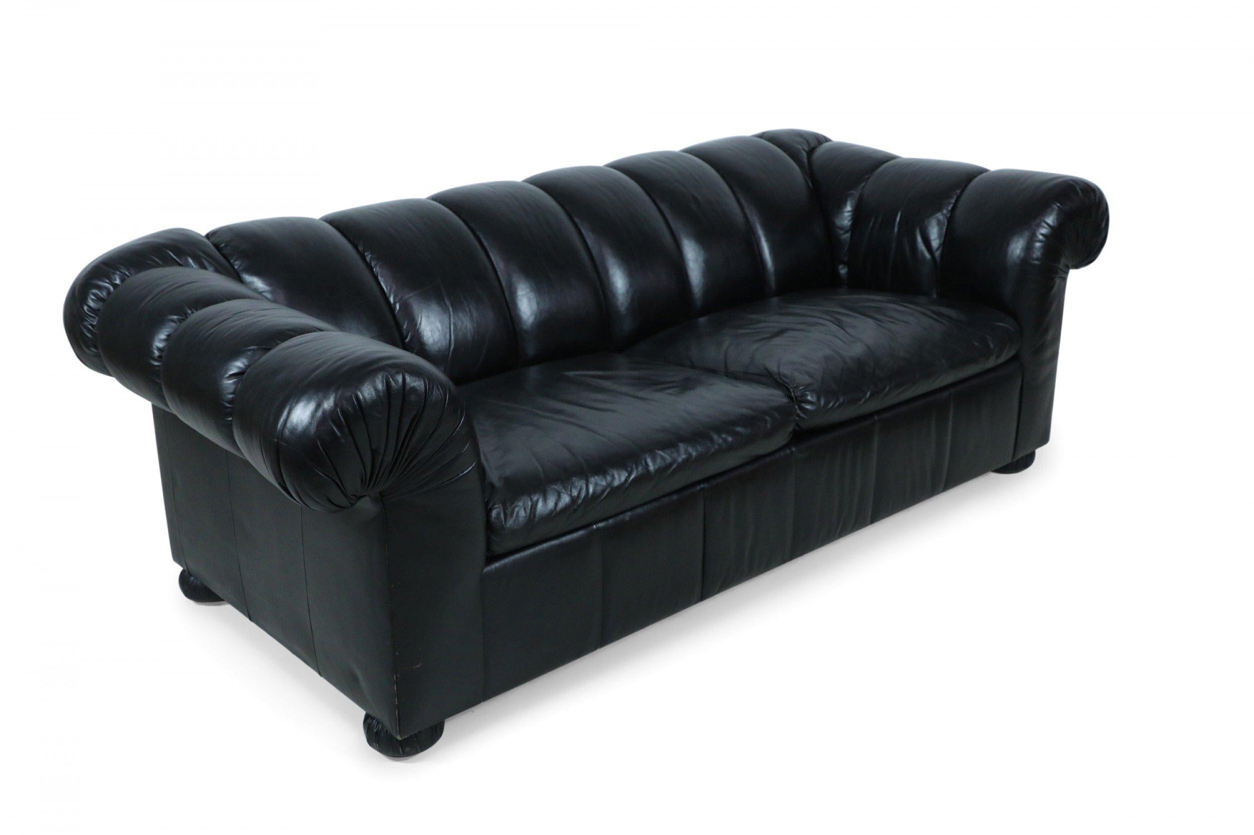 20th Century Modern Black Leather Channeled Sofa with Pull Out Bed For Sale