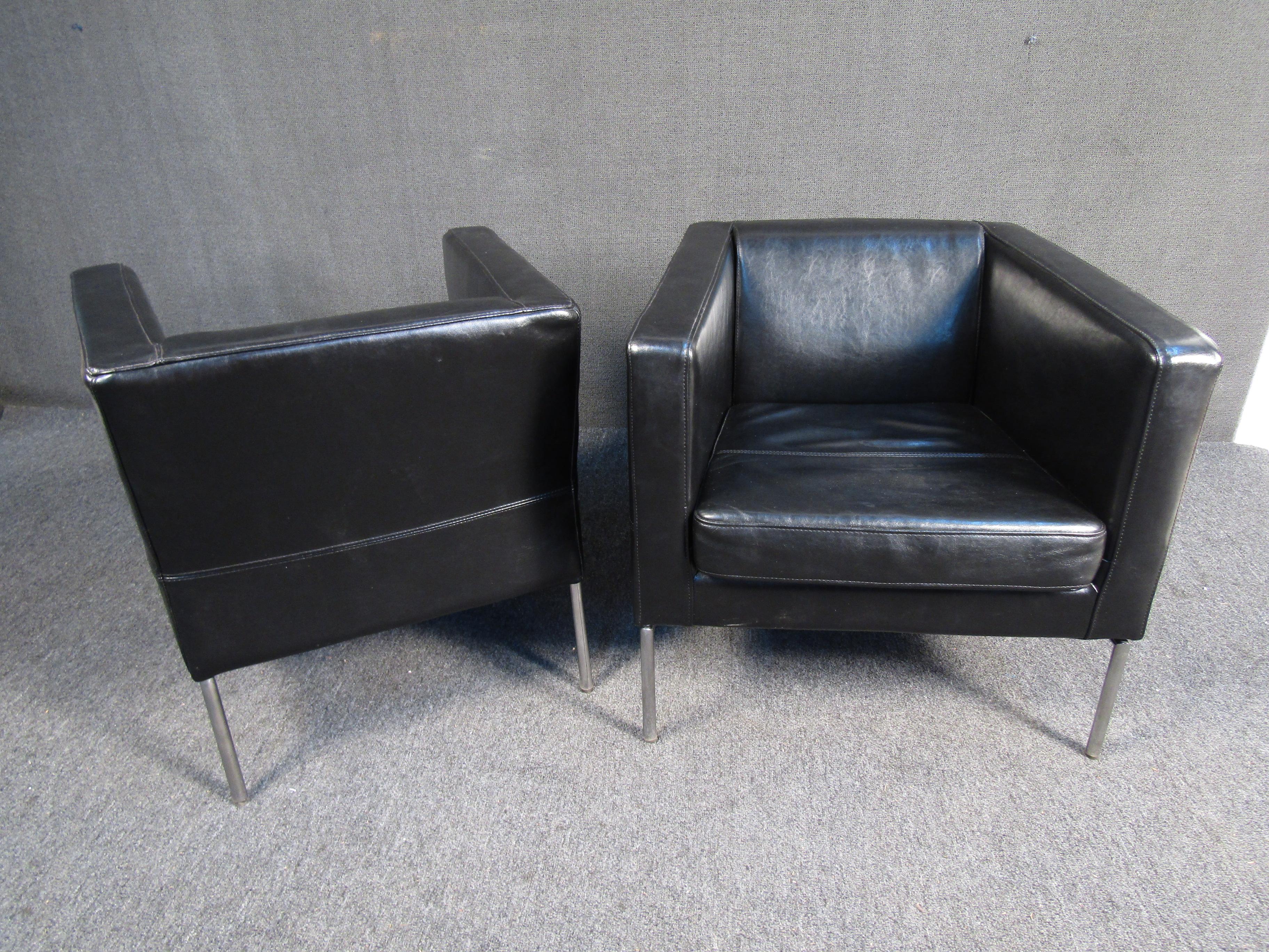 20th Century Modern Black Leather Club Chairs For Sale