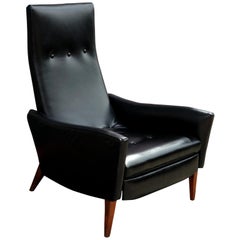 Vintage Modern Black Leather Restored Milo Baughman Style High-Back Recliner