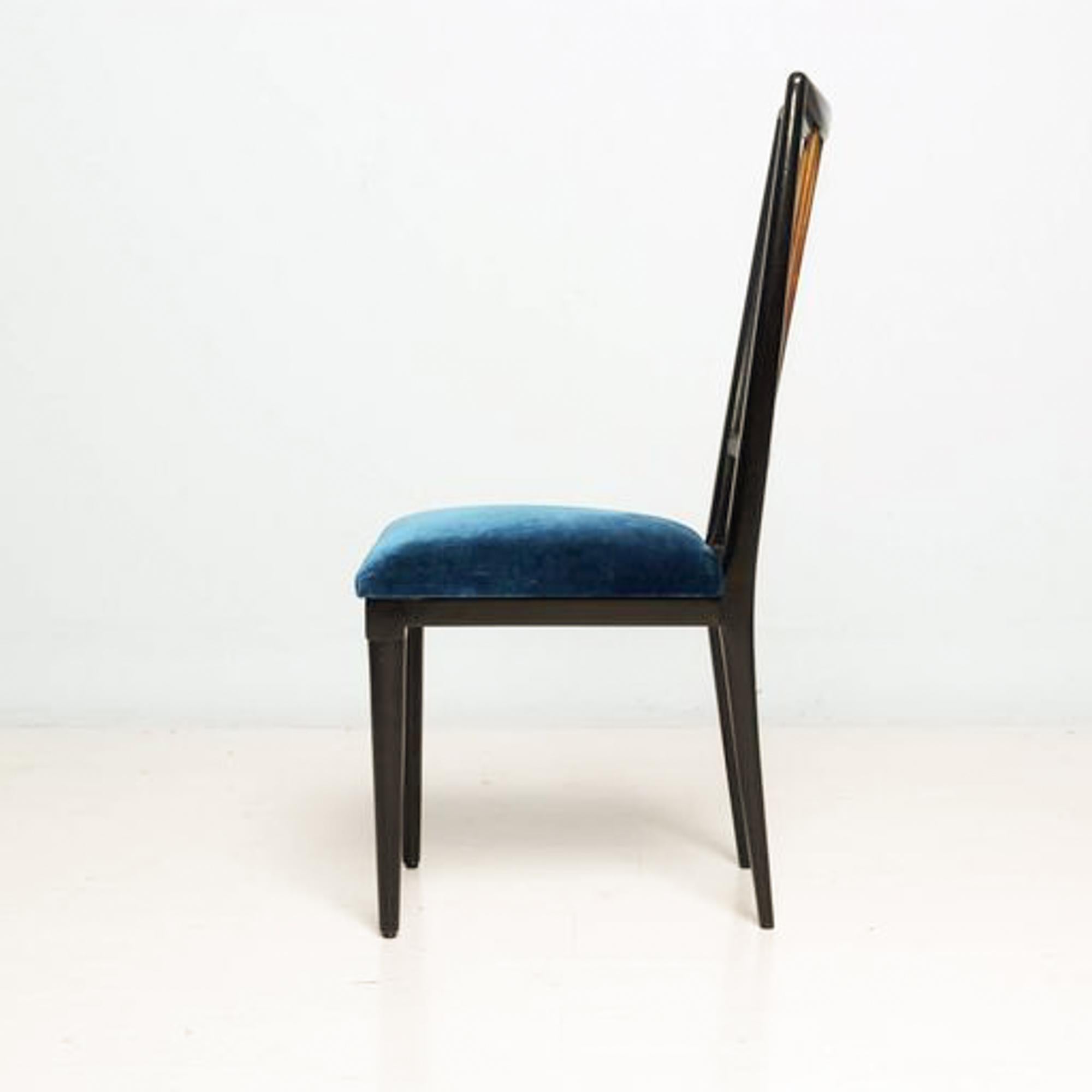 Mid-20th Century Modern Black Mahogany Dining Set 6 Blue Velvet Chairs Eugenio Escudero 1950s