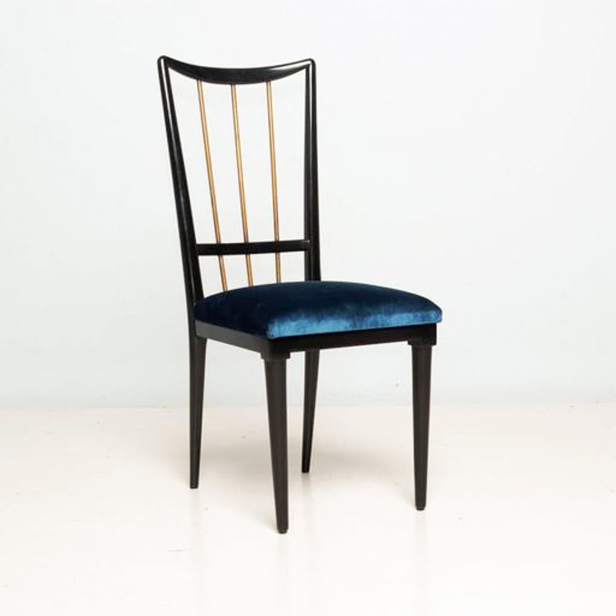 Modern Black Mahogany Dining Set 6 Blue Velvet Chairs Eugenio Escudero 1950s 1