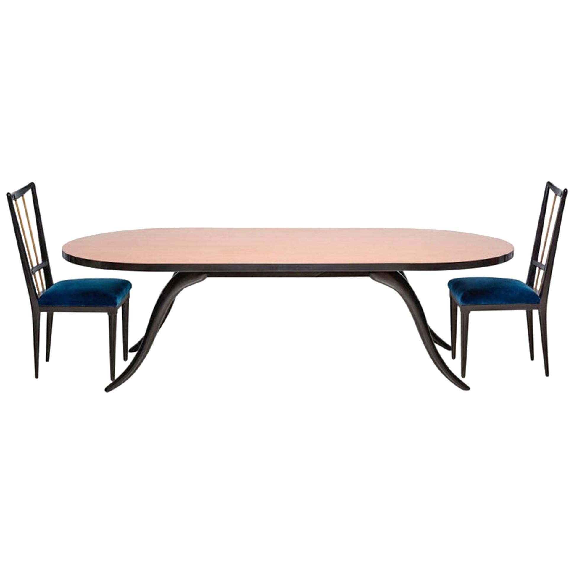 Modern Black Mahogany Dining Set 6 Blue Velvet Chairs Eugenio Escudero 1950s