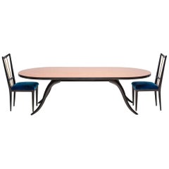 Rich Black Mahogany Table Blue Velvet Chairs (6) Dining Eugenio Escudero 1950s