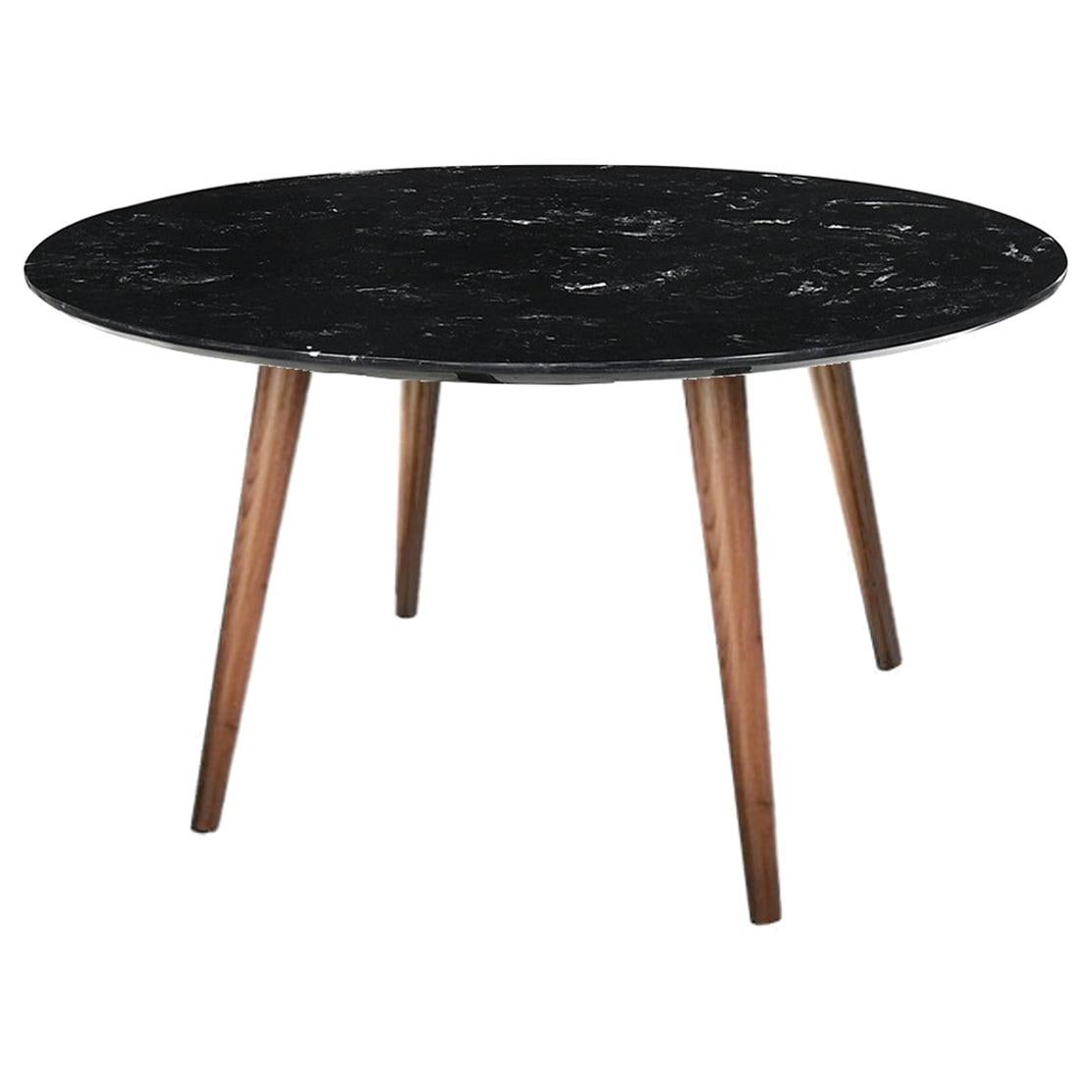 Modern Black Marble Dining Table with Walnut Base