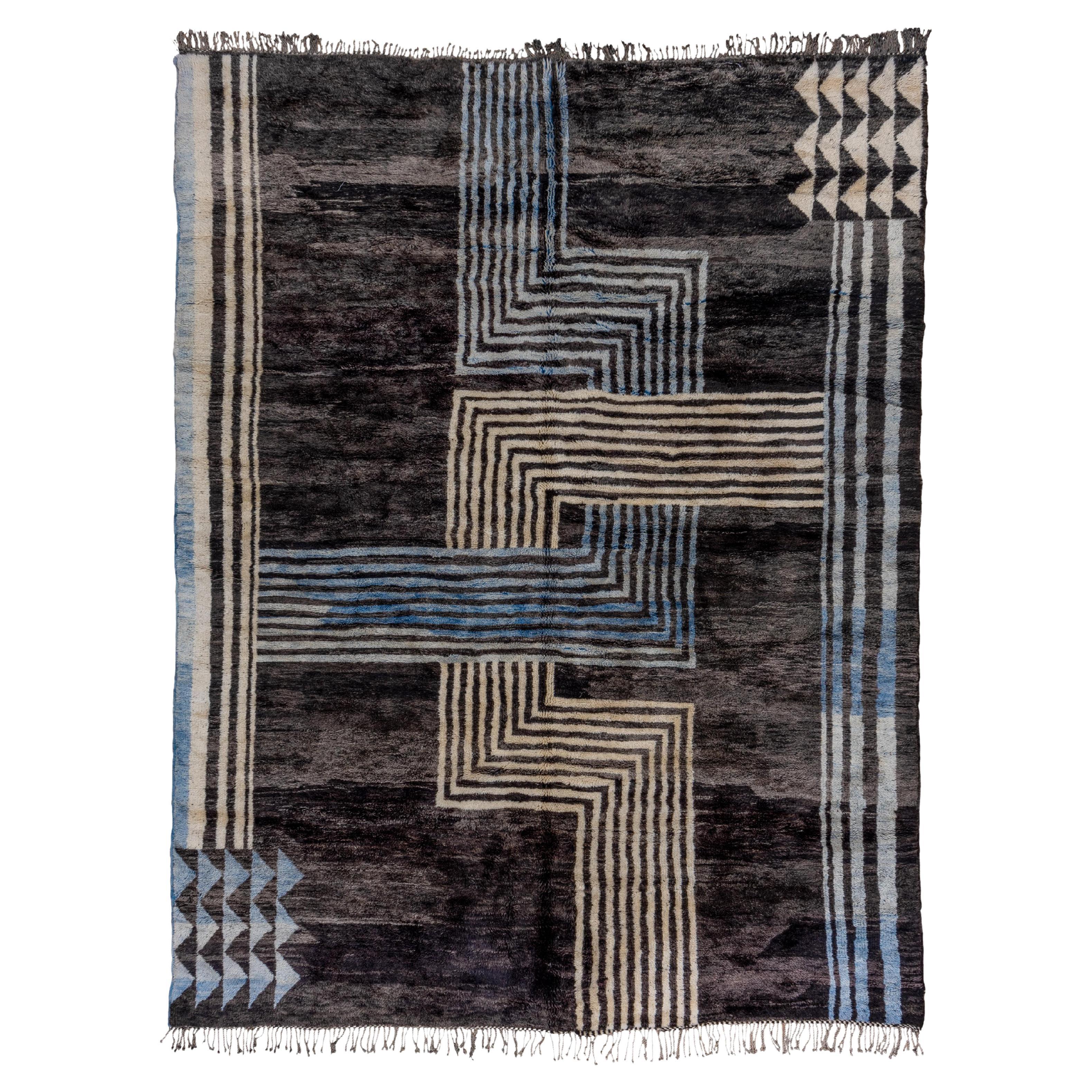 Modern Black Moroccan Rug, Blue & White Accents, Art Deco Inspired For Sale