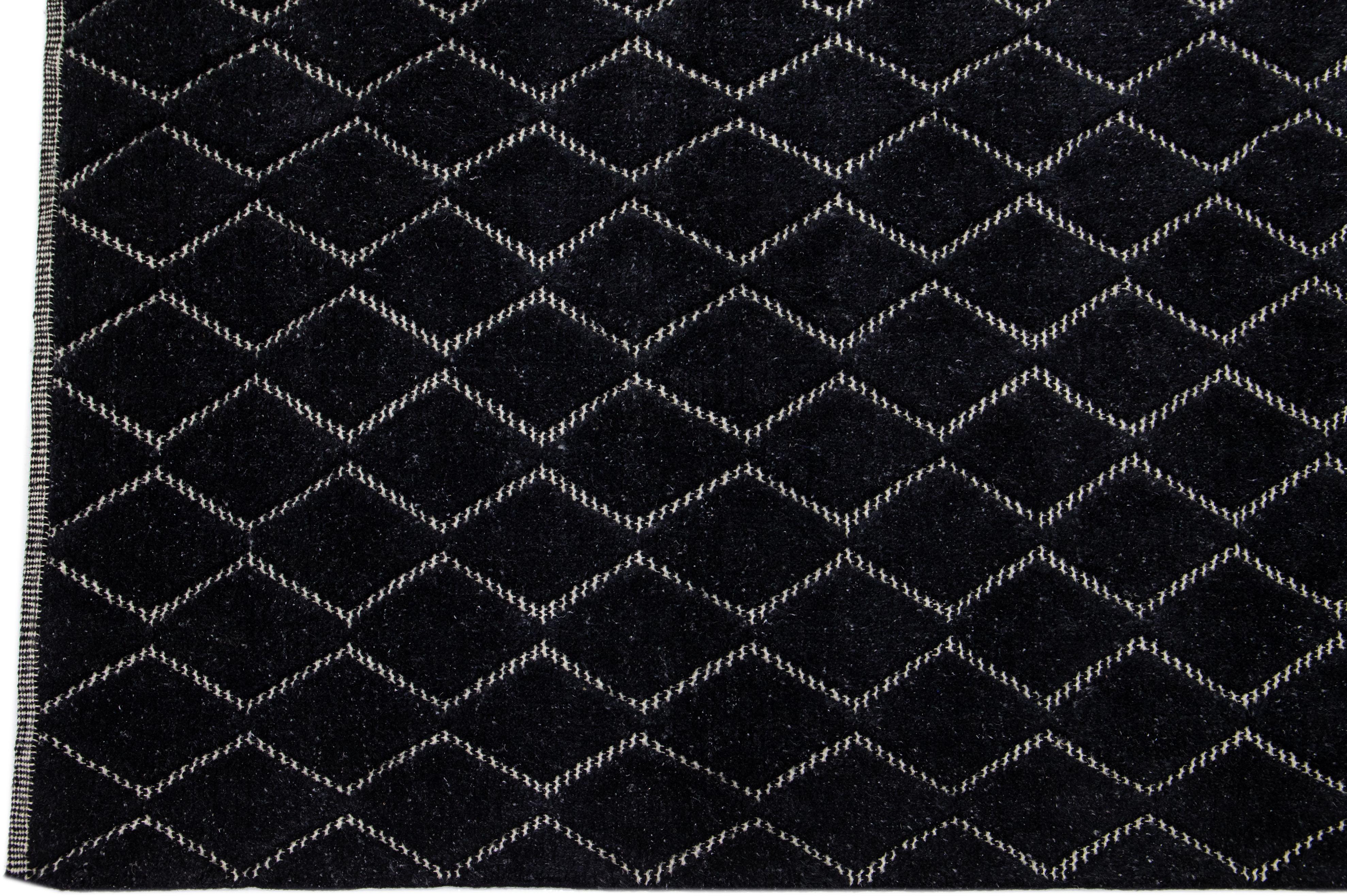 Hand-Knotted Modern Black Moroccan Style Wool Rug with Geometric Design For Sale
