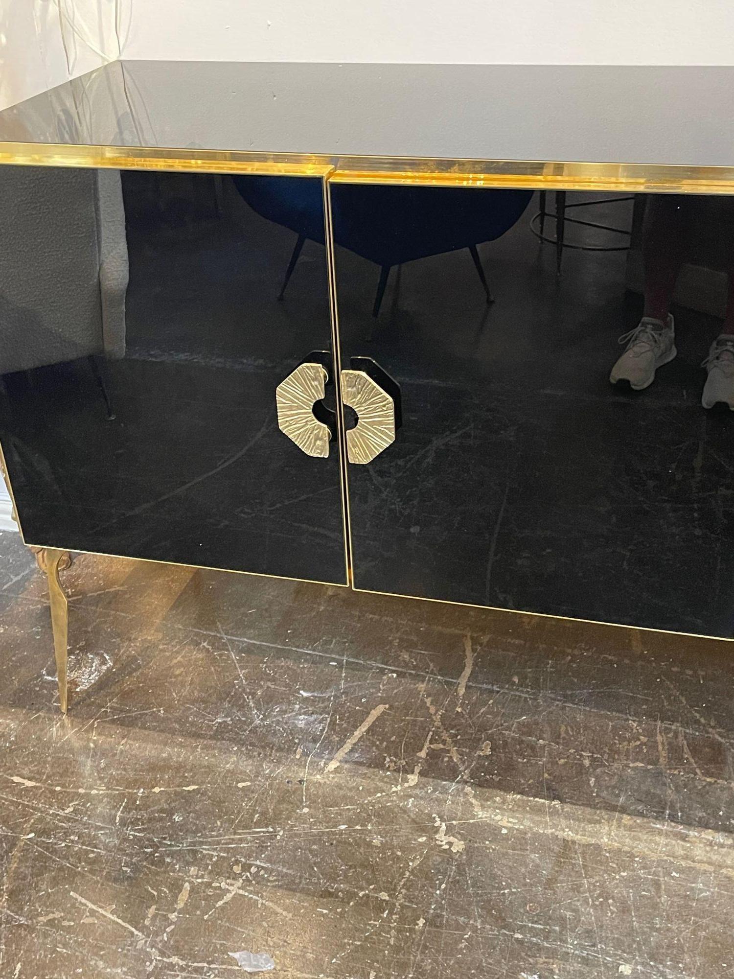 Italian Modern Black Murano Glass and Polished Brass Sideboard For Sale