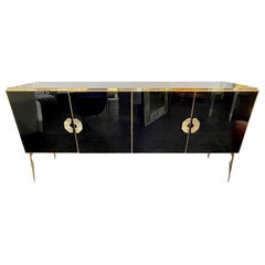 Modern Black Murano Glass and Polished Brass Sideboard
