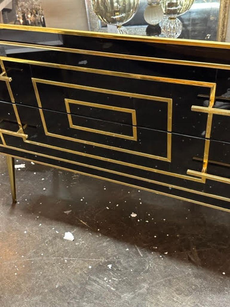 Italian Modern Black Murano Glass Cabinet with Brass For Sale