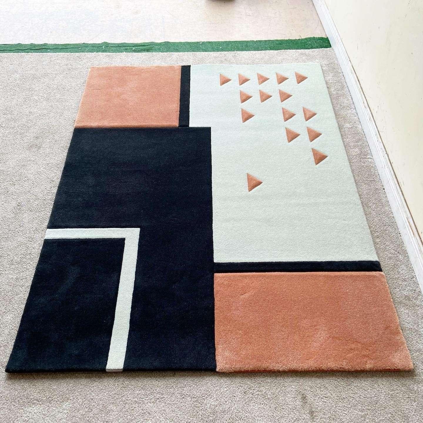 American Modern Black Off-White and Peach Rectangular Area Rug