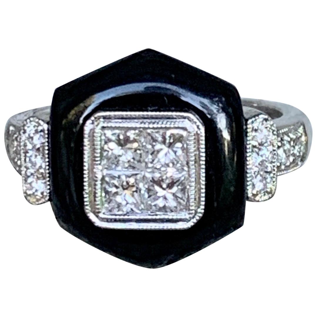 Modern Black Onyx and Diamond 18 Karat White Gold Ring - Size 6 1/2